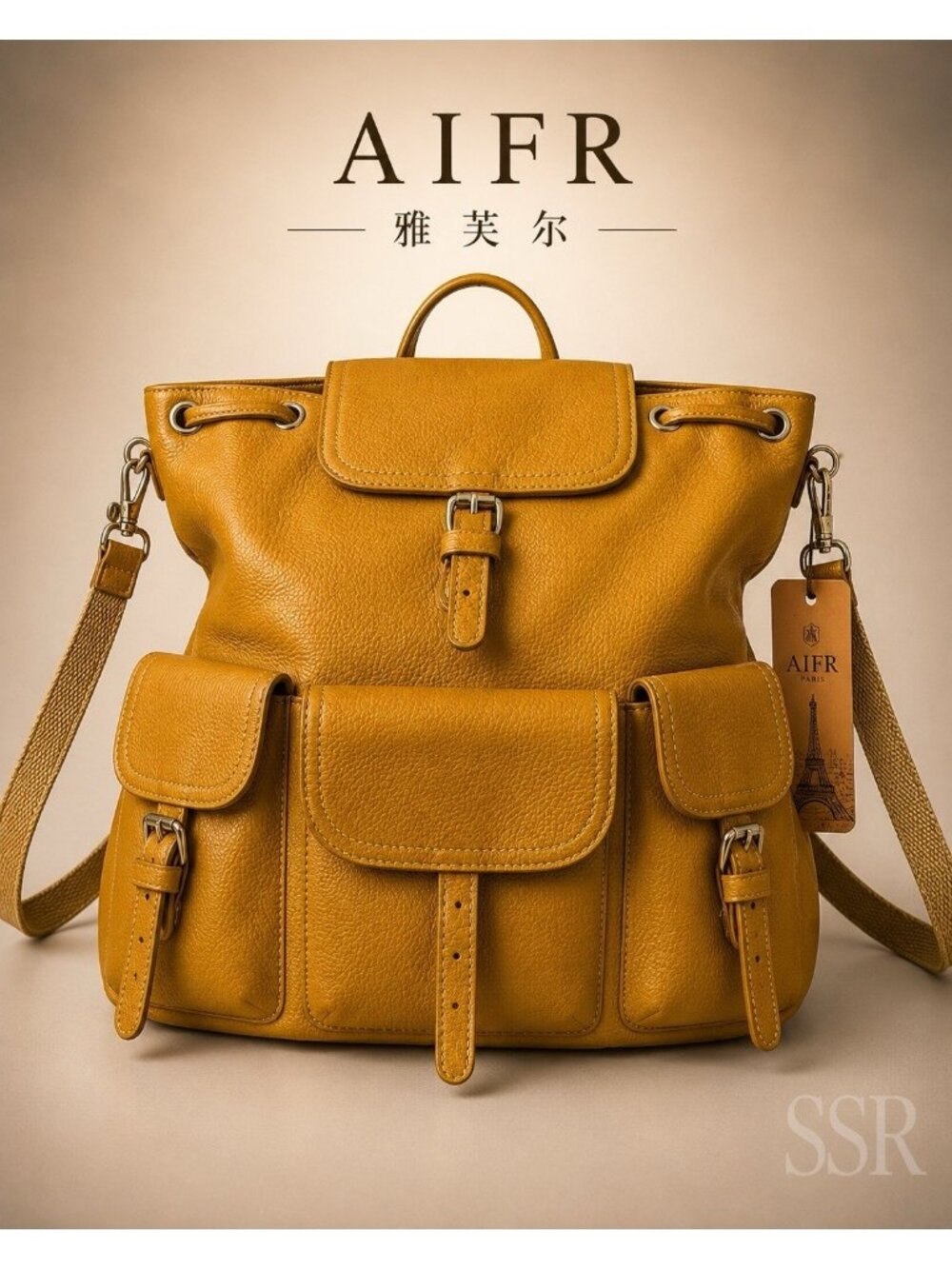 Genuine Pebbled Leather Backpack Vintage Style Multi-Pocket Buckle Bag NWT AFIR